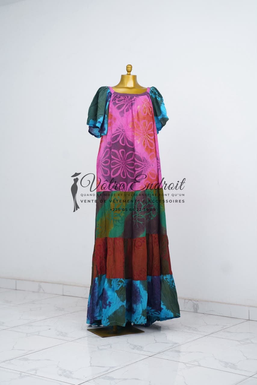 Pièce NZ01 — Boubou tunique · rose fuchsia, bleu & corail, motifs floraux tie-dye