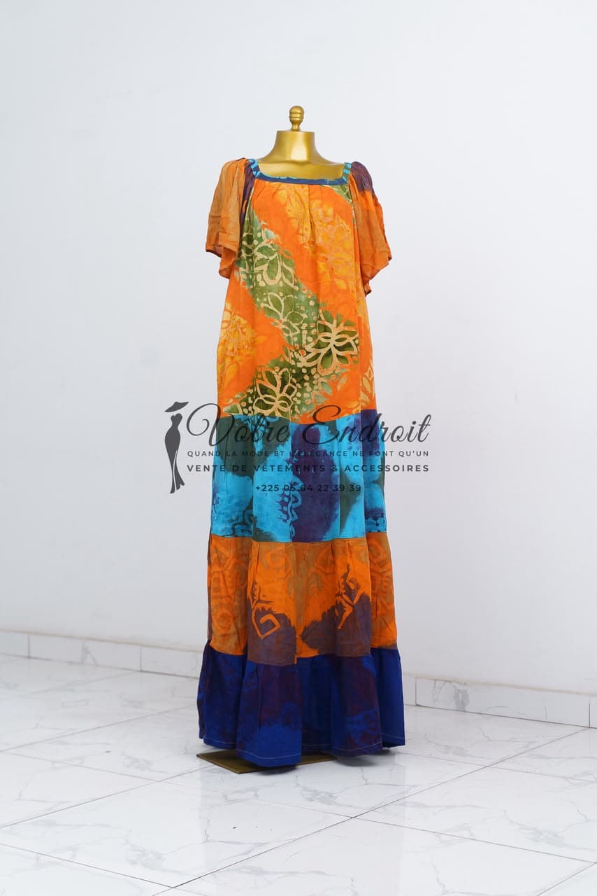 Pièce NZ02 — Boubou tunique · orange, olive & bleu marine, motifs tribaux