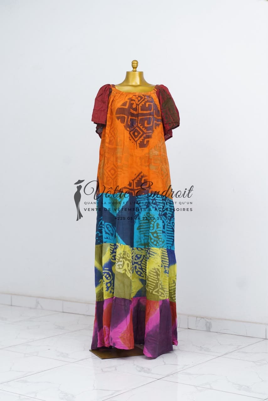 Pièce NZ03 — Boubou tunique · orange terracotta & bordeaux, motifs tribaux