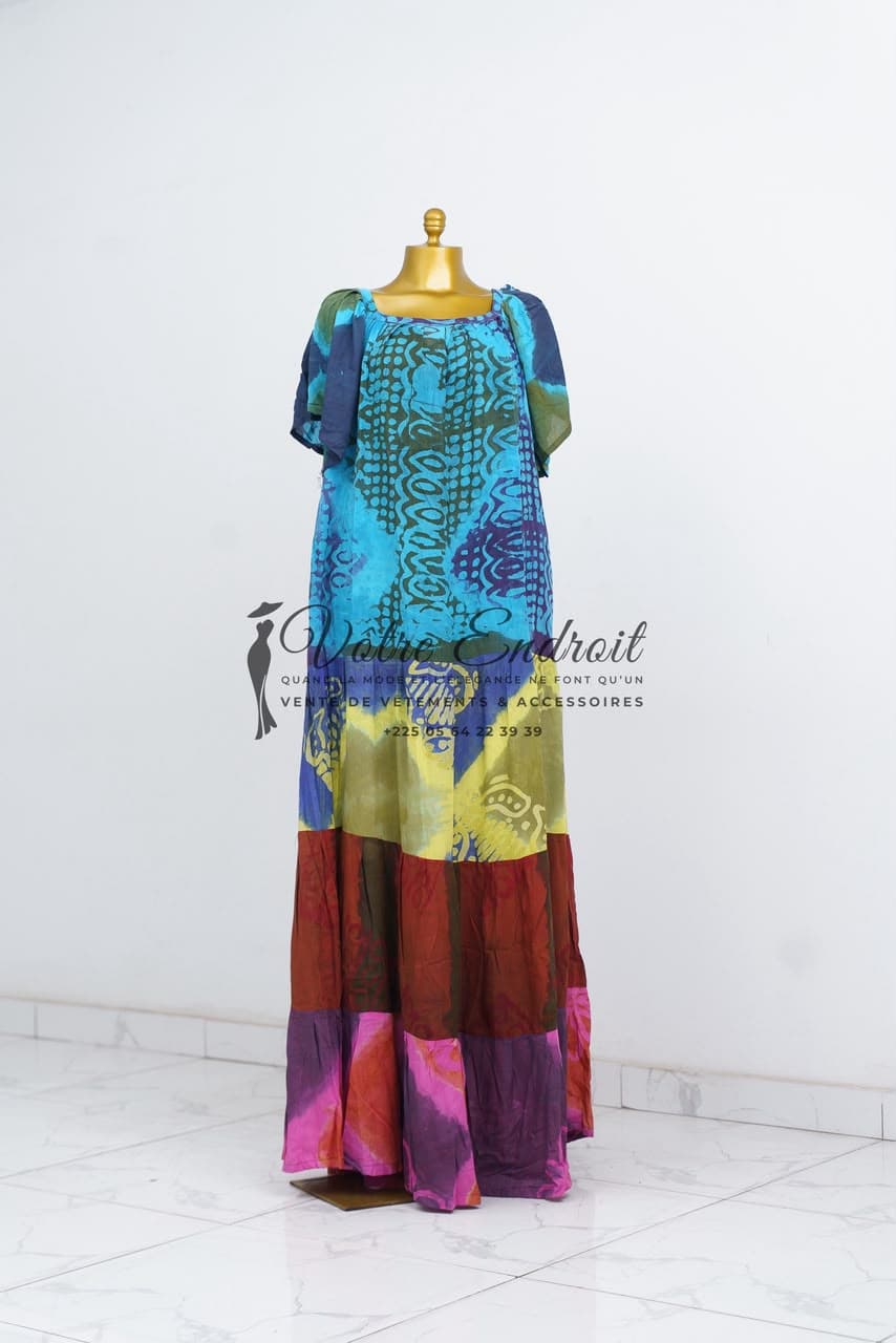 Pièce NZ05 — Boubou tunique · turquoise, jaune & fuchsia, motifs tribaux